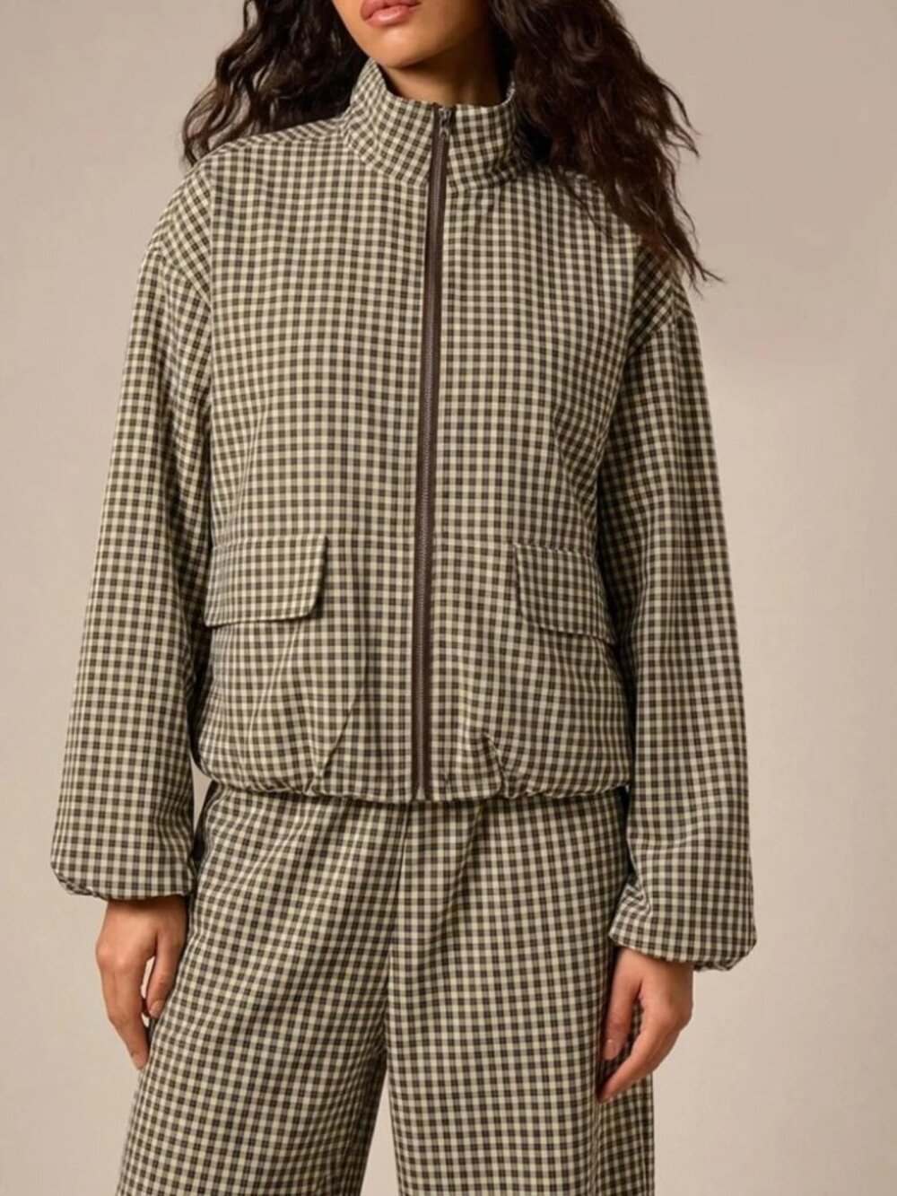 Tan & Brown Gingham Check Zip-Front Jacket